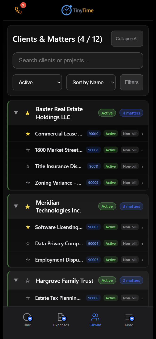 TinyTime client and matter browser