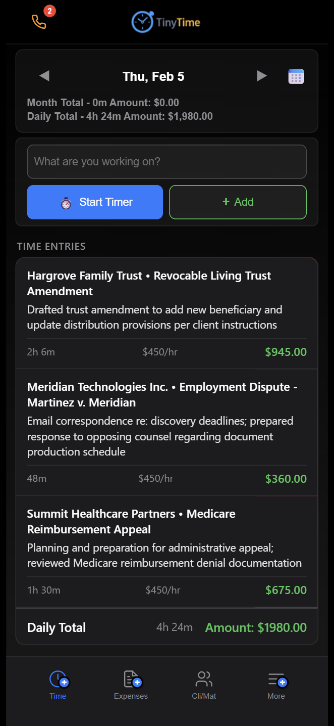 TinyTime daily time entries view